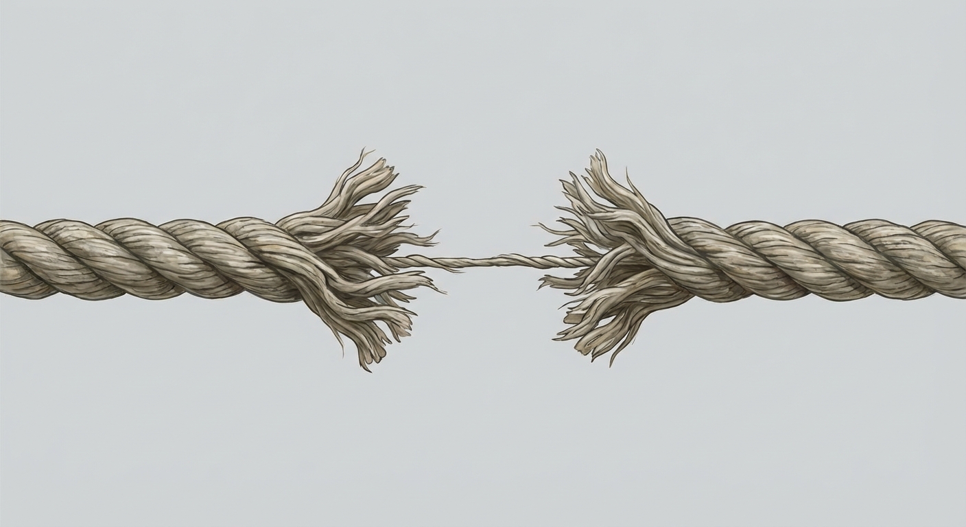 Illustration réaliste en gros plan d'une grosse corde de marin. Au centre, la corde est très abîmée, effilochée et sur le point de rompre, ne tenant plus que par quelques fils. Fond gris clair neutre.