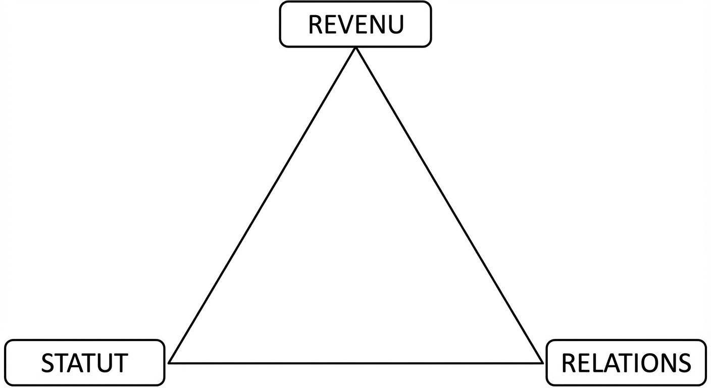 Schéma simple et épuré : un triangle équilatéral posé sur sa base. À chaque sommet du triangle, une étiquette avec un mot écrit en français : REVENU (haut), STATUT (bas gauche), RELATIONS (bas droite). Fond blanc uni.
