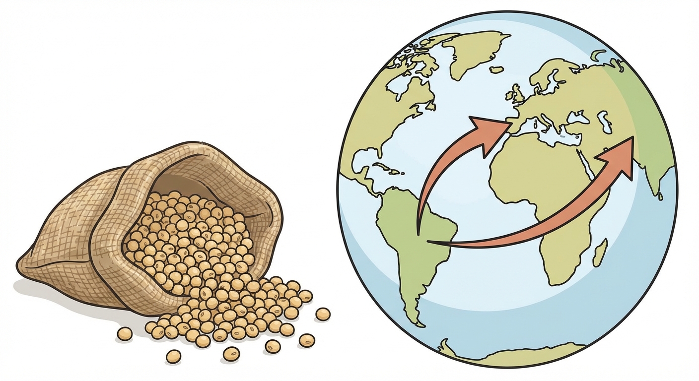 Dessin pédagogique simple. À gauche, un sac de graines de soja ouvert. À droite, un globe terrestre montrant des flèches qui partent de l'Amérique du Sud vers l'Europe et l'Asie.