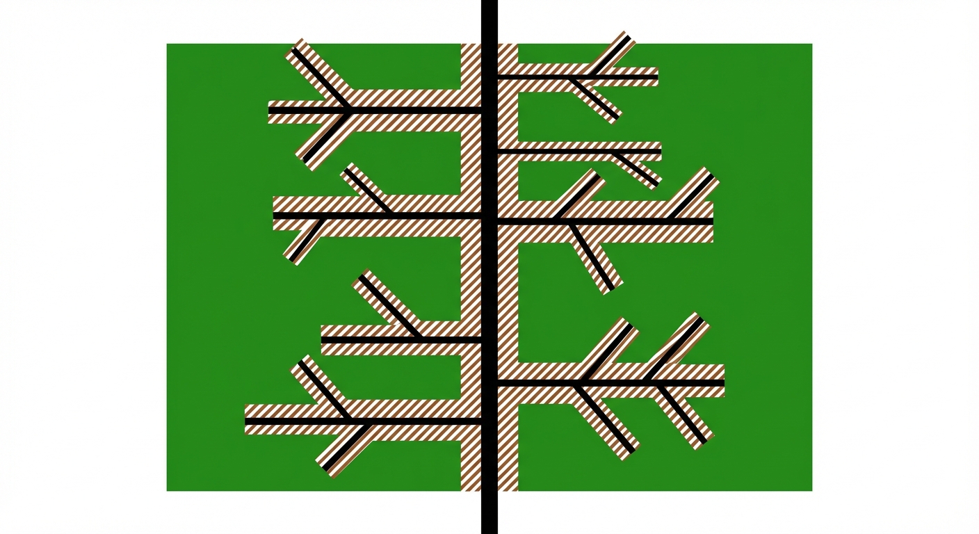 Schéma simplifié sur fond blanc. Une ligne noire verticale épaisse (la route principale) au centre. Des lignes noires horizontales plus fines partent de chaque côté (routes secondaires), formant un squelette de poisson. Autour des lignes, des zones hachurées marron représentent la déforestation sur un fond vert.