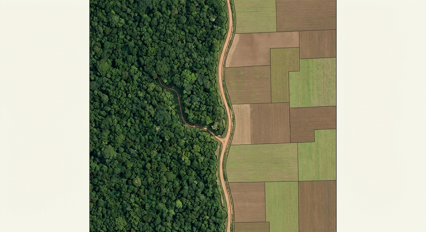 Vue aérienne verticale réaliste. La moitié gauche de l'image est une forêt tropicale dense et vert foncé. La moitié droite est composée de champs agricoles géométriques bruns et vert clair. Une route en terre sépare les deux zones et pénètre dans la forêt.