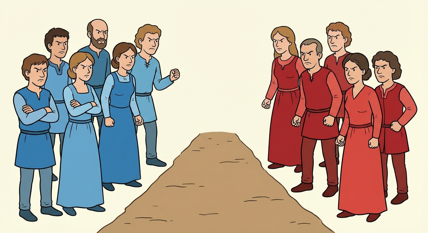 Dessin simple montrant deux groupes de personnages qui se font face avec un air fâché. Le groupe de gauche porte des vêtements bleus, le groupe de droite porte des vêtements rouges. Ils sont séparés par un chemin de terre au milieu.