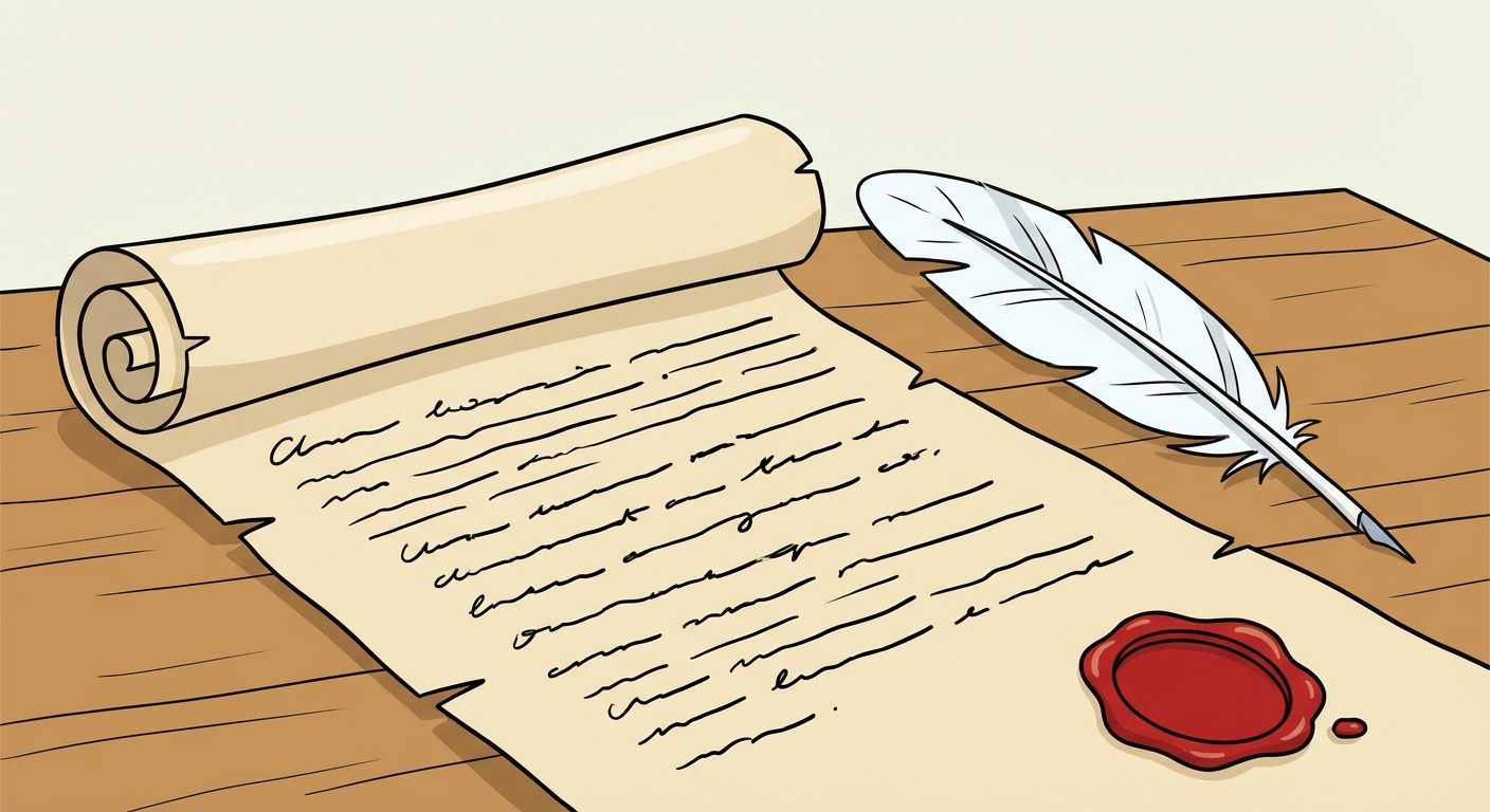 Dessin d'un grand parchemin déroulé avec un gros sceau rouge en bas à droite. Sur le parchemin, il y a des lignes d'écriture noires et une grande plume d'oie blanche posée juste à côté sur une table en bois.