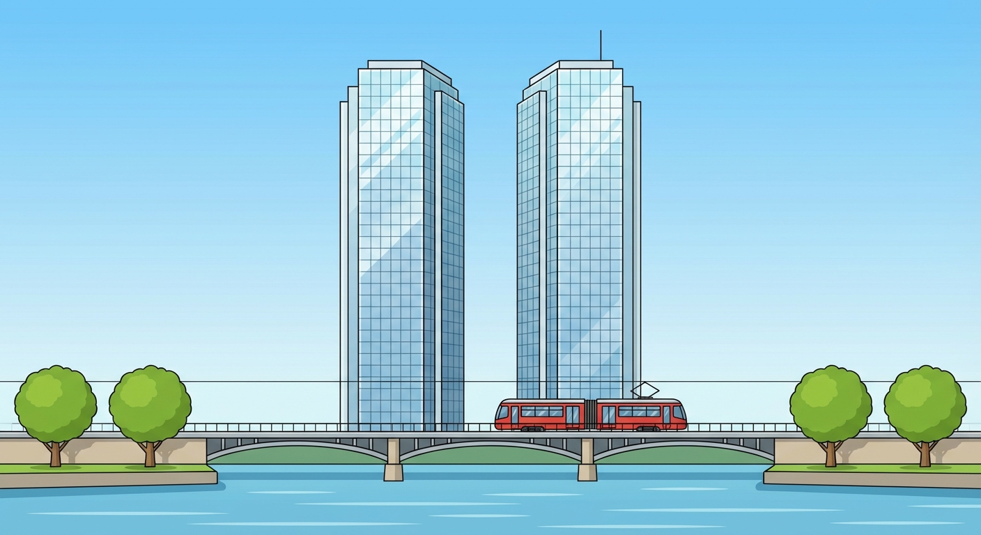 Dessin coloré vue de face d'un quartier d'affaires moderne au bord d'un fleuve. On y voit exactement deux hautes tours en verre brillant au centre. Un pont enjambe l'eau avec un tramway rouge dessus. Quatre arbres verts ronds sont disposés sur la rive. Ciel bleu clair sans nuage.