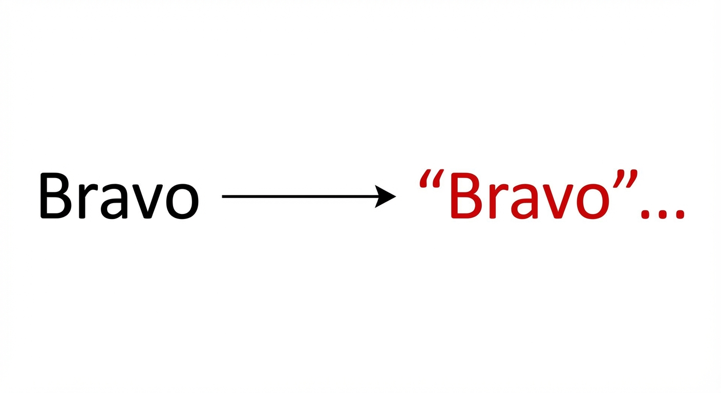 Image éducative simple sur fond blanc. À gauche, le mot Bravo écrit normalement en noir (sens : félicitation). À droite, le mot Bravo entre guillemets rouges avec trois points de suspension rouges (sens : moquerie). Une flèche relie les deux.