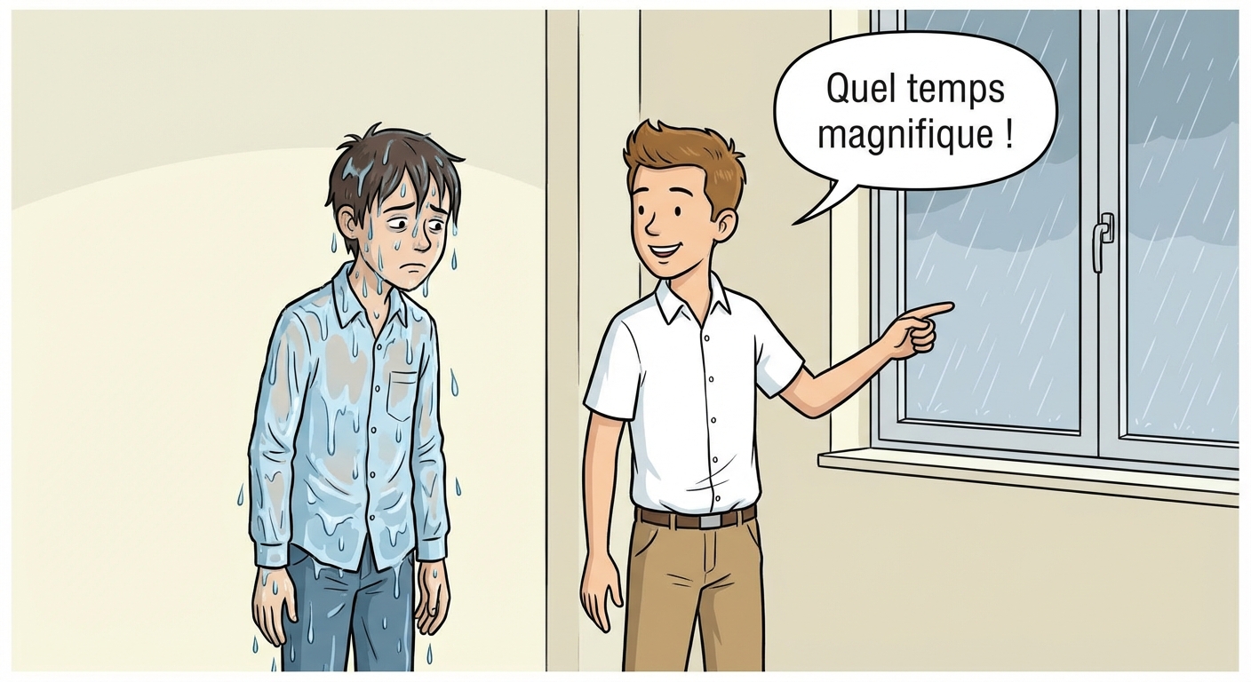 Dessin style bande dessinée simple. Un élève est debout, totalement trempé, de l'eau goutte de ses vêtements, il a l'air malheureux. À côté, un autre élève sec et souriant pointe la fenêtre où l'on voit de la pluie, avec une bulle de parole disant : Quel temps magnifique !