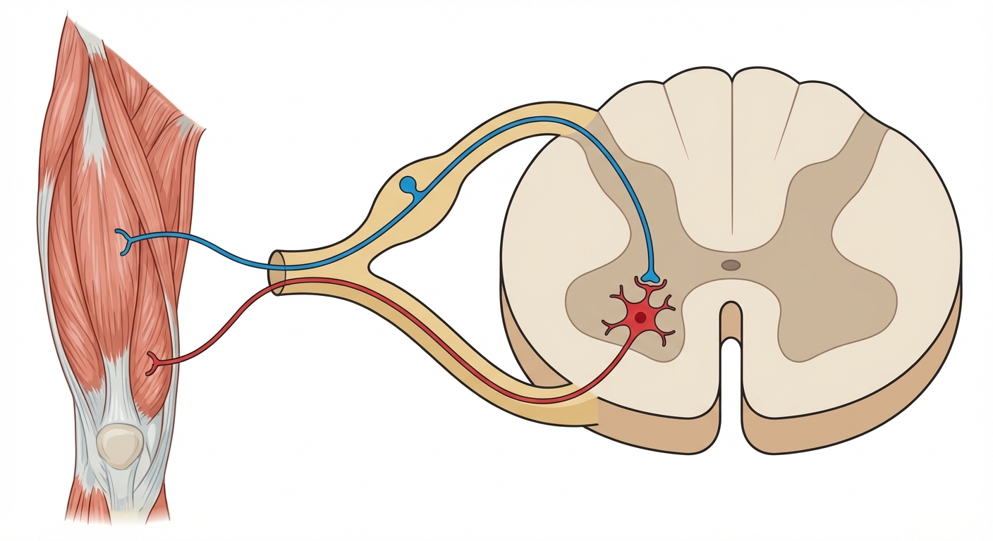 Schéma anatomique en coupe transversale de la moelle épinière. À gauche, un muscle quadriceps. Un neurone sensoriel (bleu) part du muscle, passe par le ganglion spinal sur la racine dorsale et entre dans la moelle. Il se connecte à un neurone moteur (rouge) dans la substance grise. Le neurone rouge sort par la racine ventrale vers le muscle. Fond blanc, légendes claires.