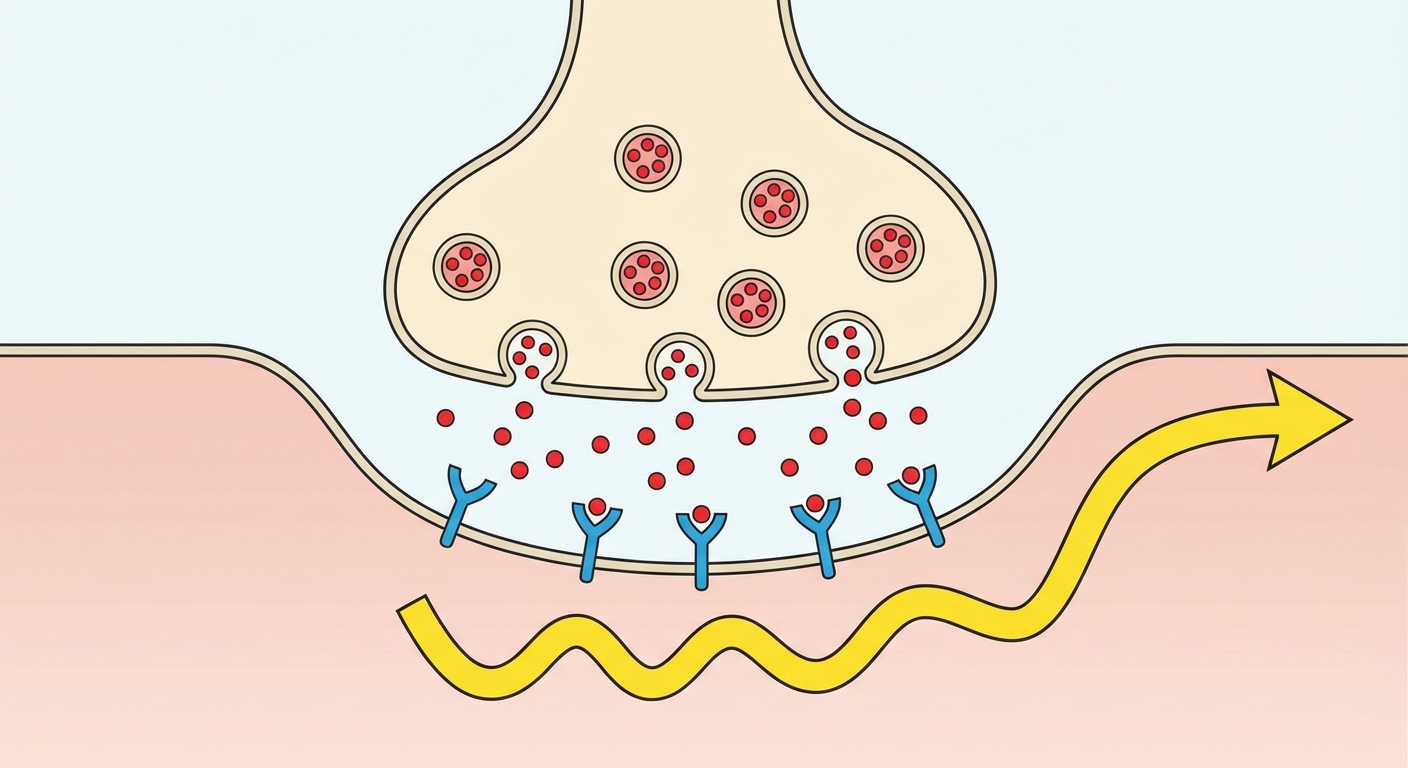 Zoom sur une synapse neuromusculaire. En haut, le bouton synaptique libère des vésicules rouges (acétylcholine). En bas, la membrane du muscle avec des récepteurs en Y qui captent les points rouges. Flèche indiquant le déclenchement d'un signal électrique sur le muscle.