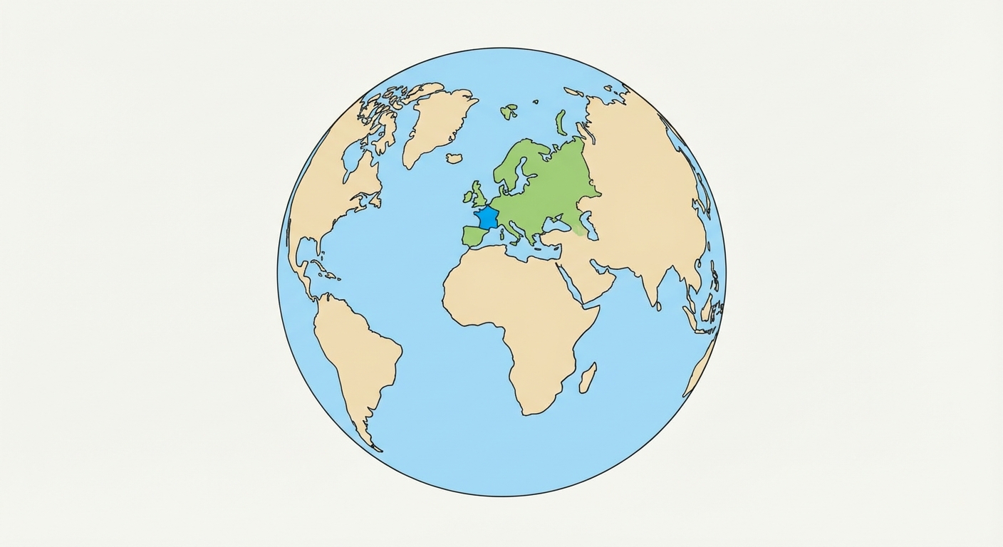 Dessin stylisé et clair de la planète Terre vue de l'espace. Le continent de l'Europe est colorié en vert clair. À l'intérieur de l'Europe, le pays de la France est mis en valeur, colorié en bleu vif. Le reste des terres est beige et l'océan est bleu clair.