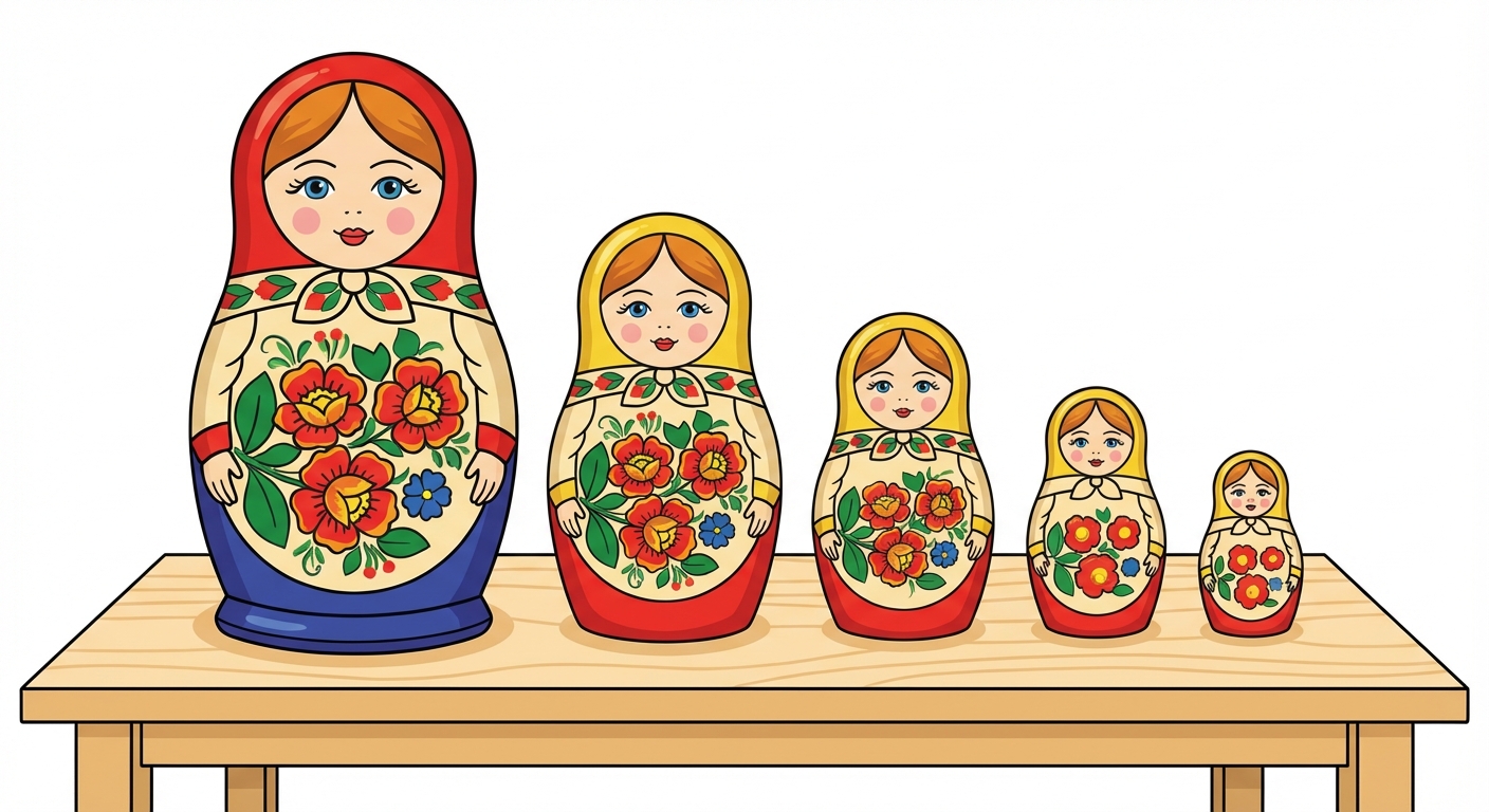 Dessin coloré de cinq poupées russes en bois, alignées de la plus grande à la plus petite sur une table claire. La plus grande est à gauche, la plus petite à droite. Fond blanc et épuré.