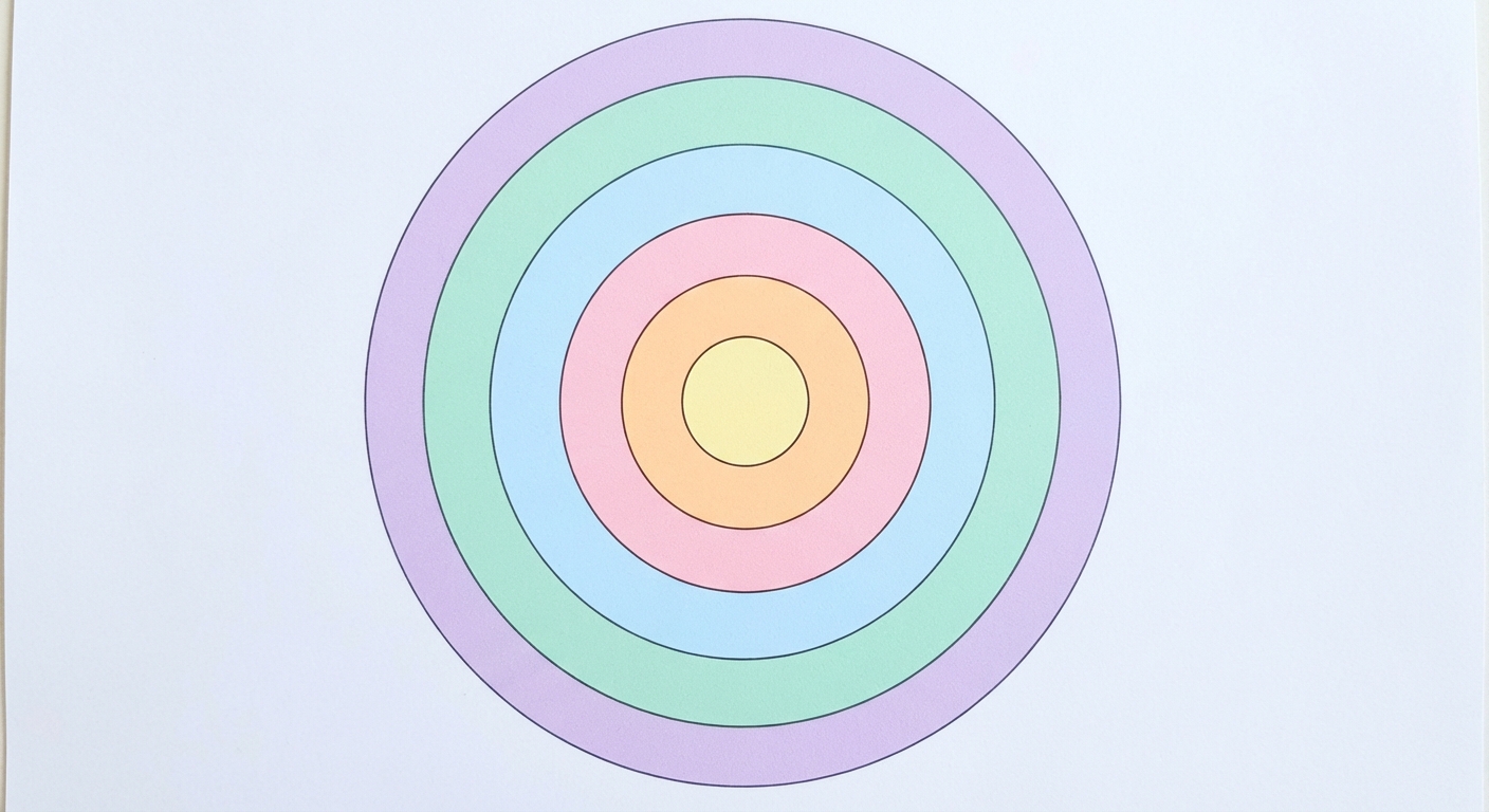 Schéma simple composé de six cercles parfaits emboîtés les uns dans les autres. Le plus petit cercle est au centre, le plus grand à l'extérieur. Chaque cercle est rempli d'une couleur pastel différente. Aucun texte sur l'image.