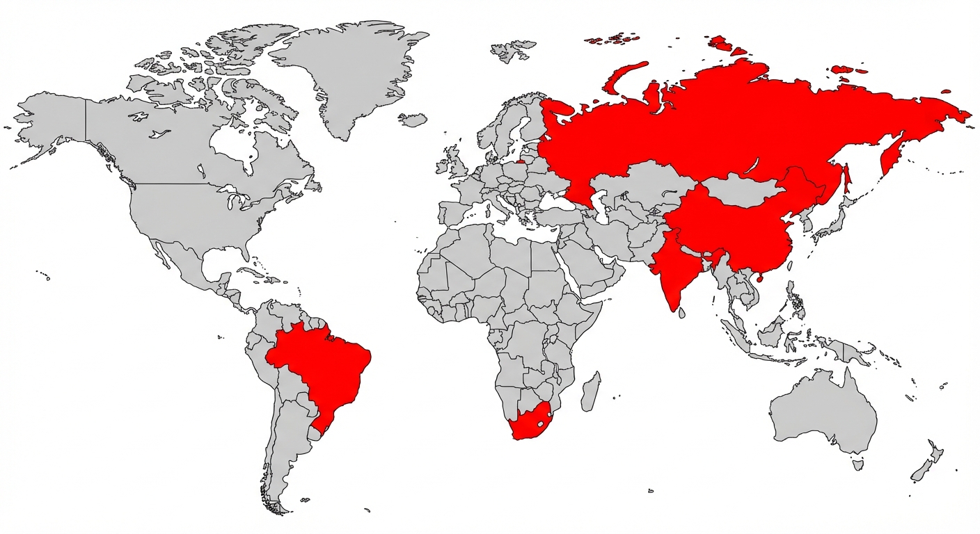 Carte du monde simplifiée sur fond blanc. Cinq zones géographiques précises sont coloriées en rouge vif : le grand territoire du Brésil en Amérique du Sud, la très vaste étendue de la Russie au nord, la péninsule de l'Inde au sud de l'Asie, le grand territoire de la Chine à l'est, et la pointe extrême sud de l'Afrique pour l'Afrique du Sud. Tous les autres pays du monde sont en gris clair. Aucun texte sur l'image.