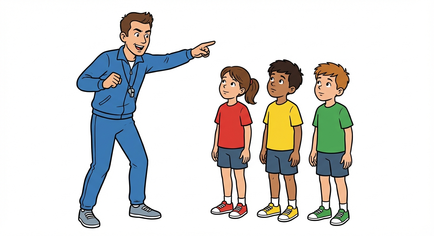 Dessin simple style bande dessinée : un entraîneur de sport en survêtement bleu, sifflet au cou, pointe du doigt vers la droite. Il a l'air énergique. Devant lui, trois enfants en tenue de sport écoutent attentivement. Fond blanc.