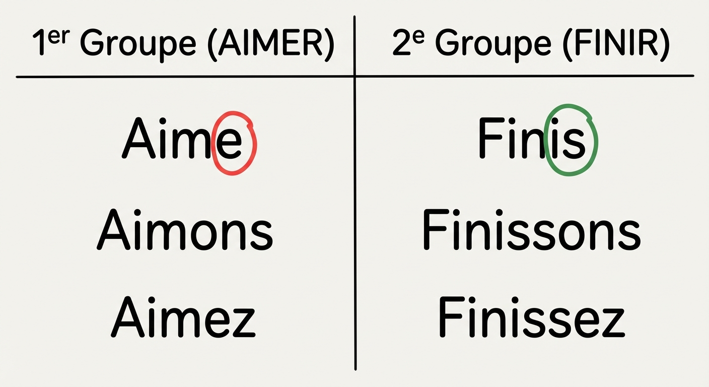 Tableau éducatif simple à deux colonnes. Colonne gauche titre '1er Groupe (AIMER)', en dessous trois lignes : 'Aime', 'Aimons', 'Aimez'. Le 'e' de Aime est entouré en rouge. Colonne droite titre '2e Groupe (FINIR)', en dessous : 'Finis', 'Finissons', 'Finissez'. Le 'is' de Finis est entouré en vert.