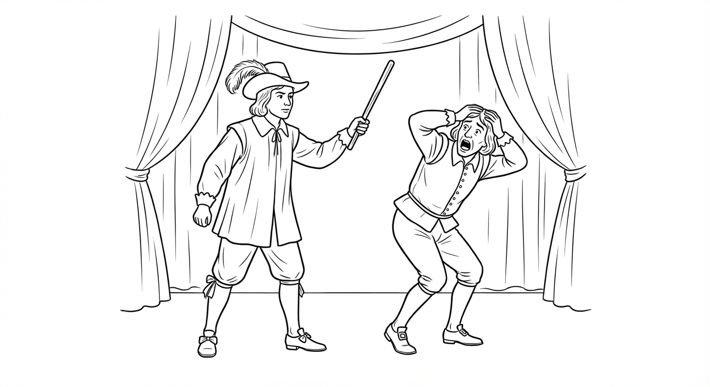 Scène de théâtre dessinée au trait noir sur fond blanc. Un personnage habillé en costume du 17e siècle lève un bâton en l'air. Un autre personnage devant lui se courbe en se protégeant la tête avec les mains, la bouche ouverte en criant.