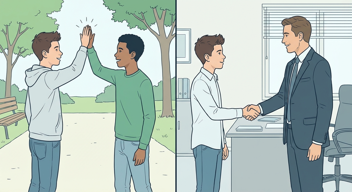 Illustration divisée en deux parties verticales. À gauche, un adolescent en sweat à capuche tape dans la main d'un ami dans un parc. À droite, le même adolescent en chemise serre la main d'un adulte en costume derrière un bureau.