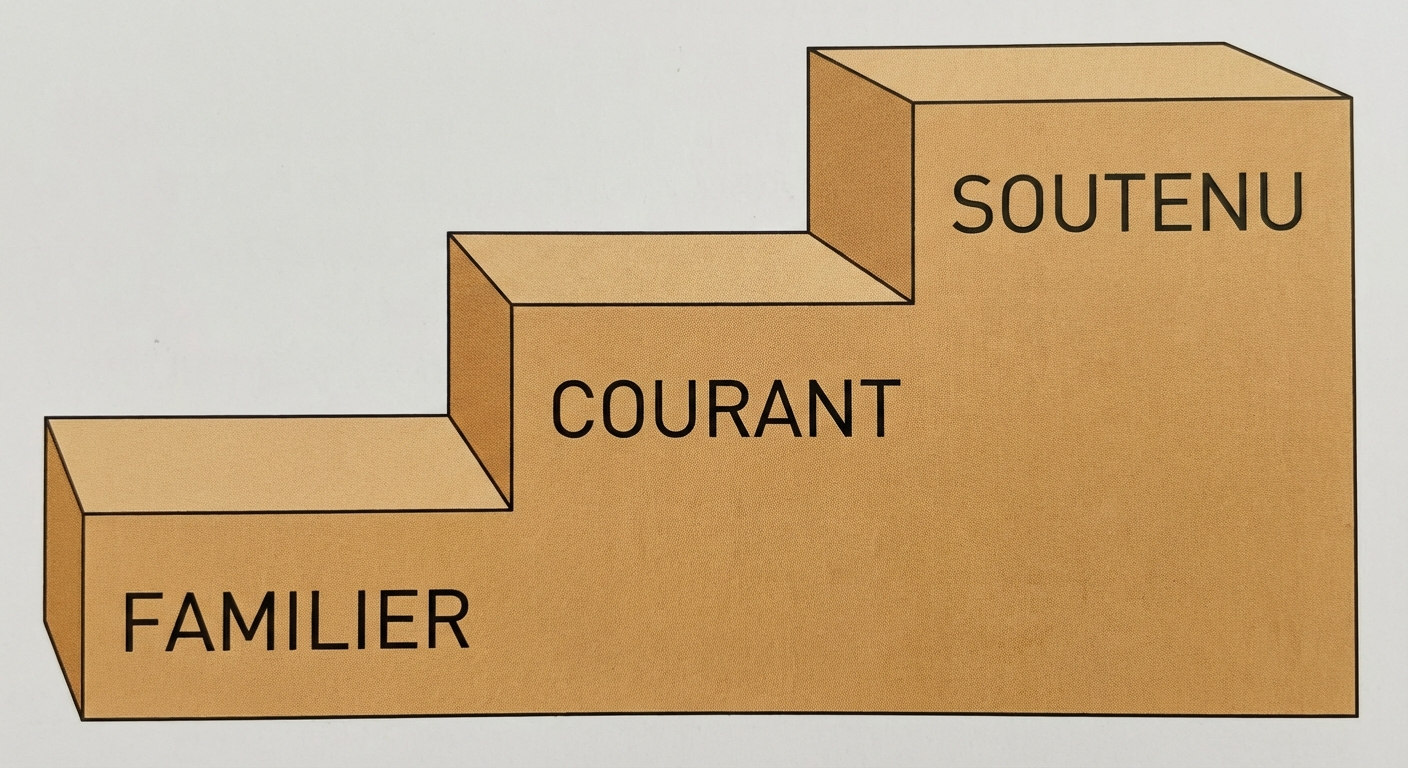 Dessin simple d'un escalier à trois marches vue de profil sur fond blanc. Sur la marche du bas est écrit 'FAMILIER', sur la marche du milieu 'COURANT', sur la marche du haut 'SOUTENU'.