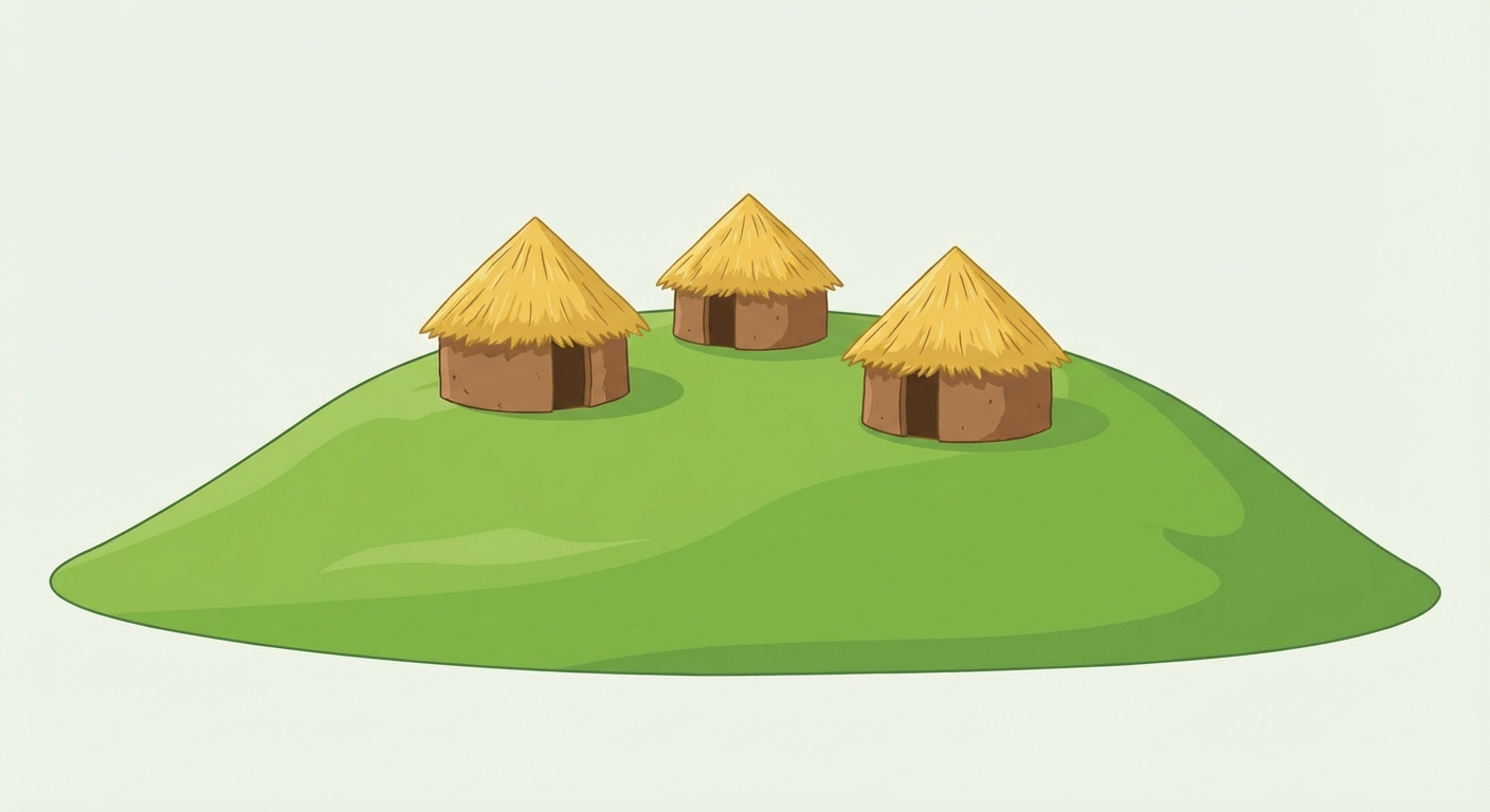 Reconstitution historique pédagogique. Une colline verdoyante (le Palatin) avec trois petites cabanes rondes et simples. Murs en terre marron, toits pointus en paille jaune. Pas de palais.