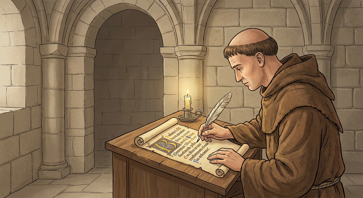 Intérieur d'un scriptorium médiéval en pierre. Un moine en robe de bure est assis à un pupitre en bois. Il écrit soigneusement avec une plume sur un parchemin enluminé. Une bougie éclaire son travail minutieux.