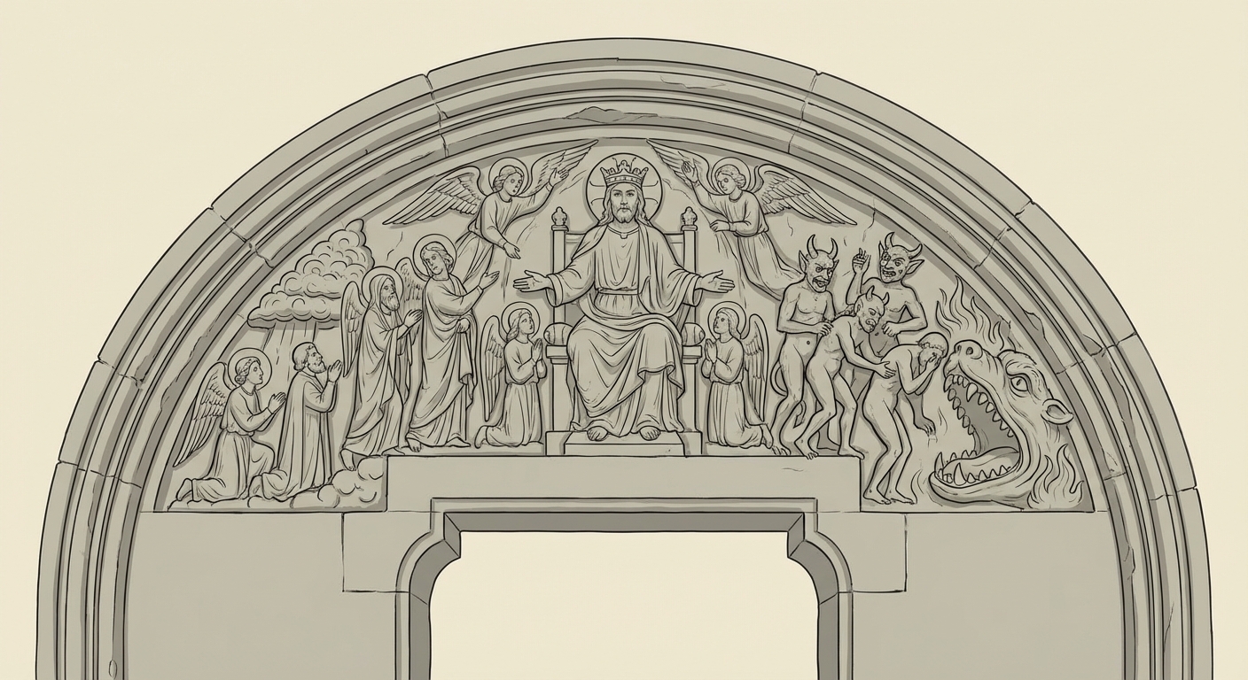 Dessin précis d'un tympan de cathédrale en pierre grise (demi-cercle au-dessus d'une porte). Au centre, Jésus juge les vivants et les morts. À sa gauche, des anges emmènent les élus au ciel. À sa droite, des démons effrayants poussent les damnés vers la gueule d'un monstre représentant l'Enfer.