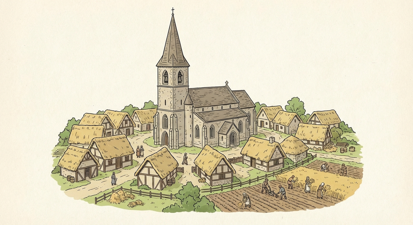 Vue d'ensemble d'un petit village médiéval. Au centre, une église en pierre avec un clocher pointu domine la scène. Autour, des petites maisons modestes aux toits de chaume. Des paysans travaillent dans les champs tout proches.