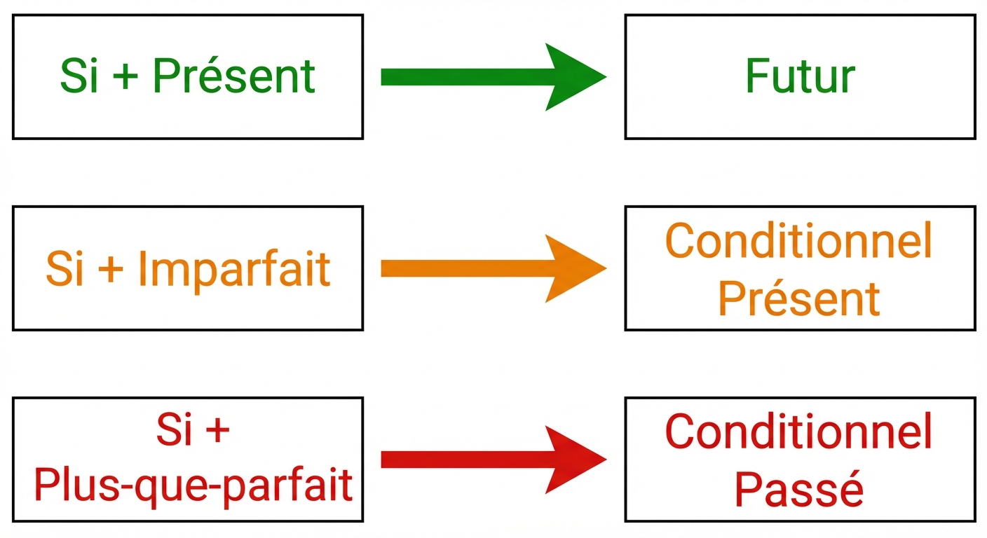 Schéma éducatif clair sur fond blanc. Trois lignes horizontales distinctes. Ligne 1 : 'Si + Présent' flèche vers 'Futur' (couleur verte). Ligne 2 : 'Si + Imparfait' flèche vers 'Conditionnel Présent' (couleur orange). Ligne 3 : 'Si + Plus-que-parfait' flèche vers 'Conditionnel Passé' (couleur rouge).
