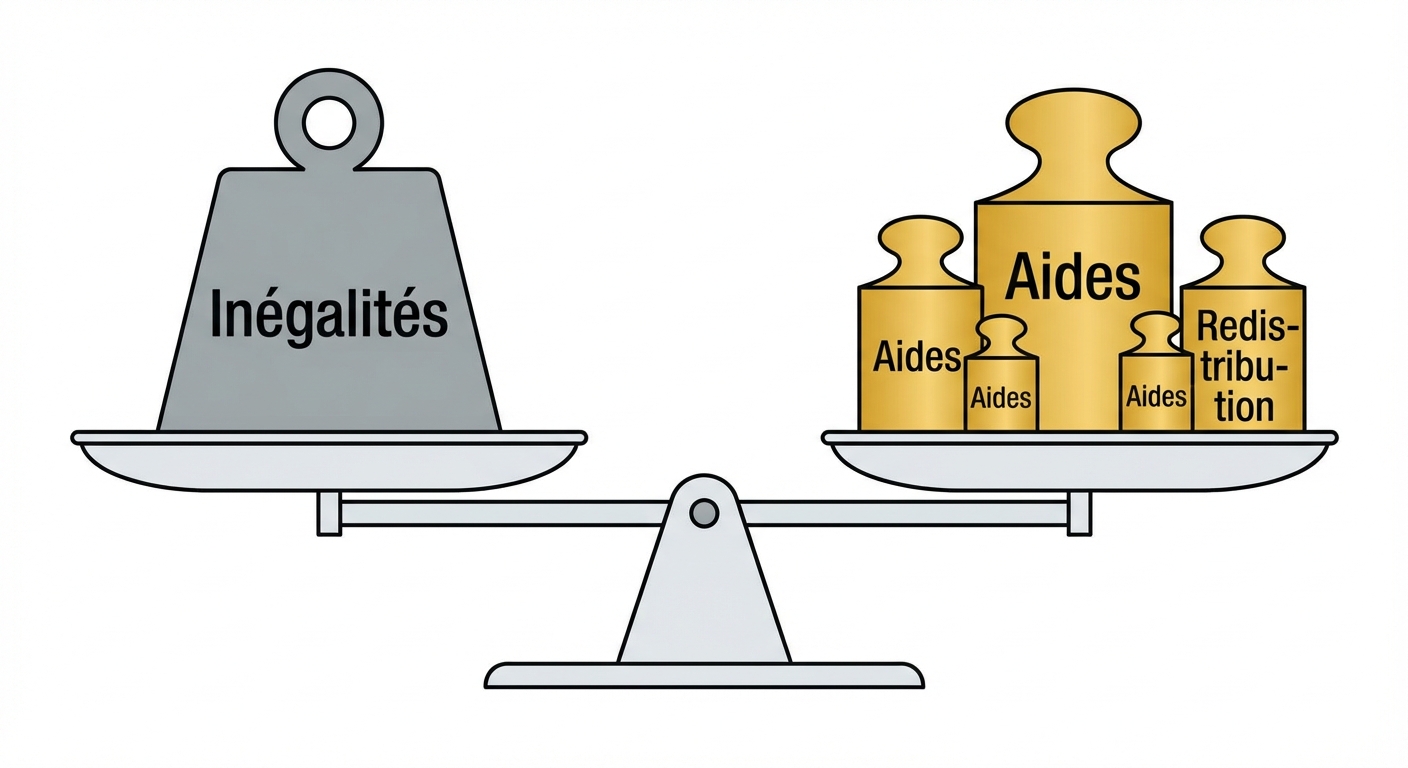Dessin schématique d'une balance à fléau sur fond blanc. Sur le plateau de gauche, un gros poids gris marqué Inégalités. Sur le plateau de droite, plusieurs poids dorés de tailles différentes marqués Aides ou Redistribution, qui permettent de remettre la balance parfaitement à l'équilibre.