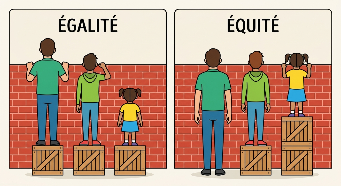 Dessin simple style infographie à plat. Panneau de gauche titré ÉGALITÉ : trois personnages (petit, moyen, grand) sur des caisses identiques derrière un mur. Le grand voit, le petit ne voit rien. Panneau de droite titré ÉQUITÉ : le grand n'a pas de caisse, le moyen en a une, le petit en a deux. Ils sont tous à la même hauteur et voient par-dessus le mur.