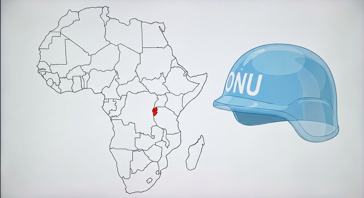 Dessin simple : une carte géographique du continent africain délimitée par un trait noir. Le petit pays du Rwanda, situé vers le centre de la carte, est colorié en rouge vif. À côté de la carte, il y a exactement un casque de soldat peint en bleu clair avec les 3 lettres ONU peintes en blanc. Le casque est semi-transparent. Le fond de l'image est entièrement blanc.