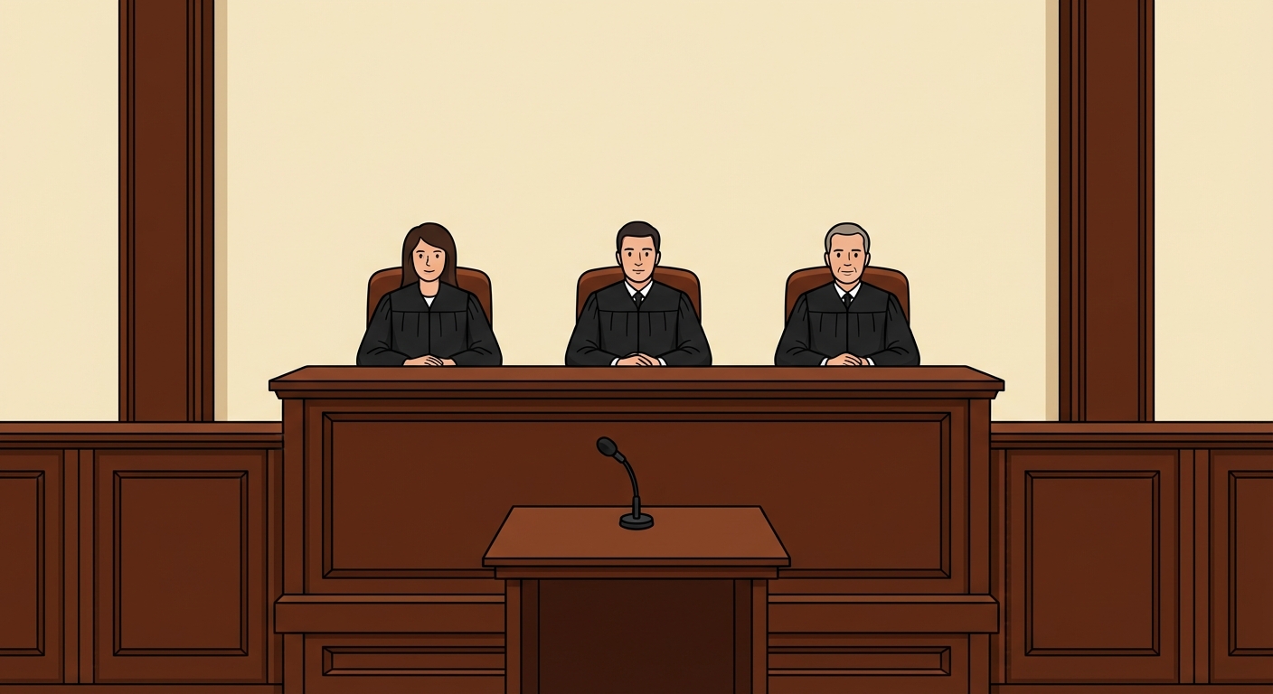 Dessin en vue de face : une salle d'audience en bois sombre avec un grand bureau rectangulaire surélevé au centre. Derrière ce bureau sont assis exactement 3 juges vêtus de longues robes noires unies. Devant eux se trouve une petite table carrée en bois avec exactement 1 microphone noir posé dessus. Aucun autre personnage, fond uni beige clair.