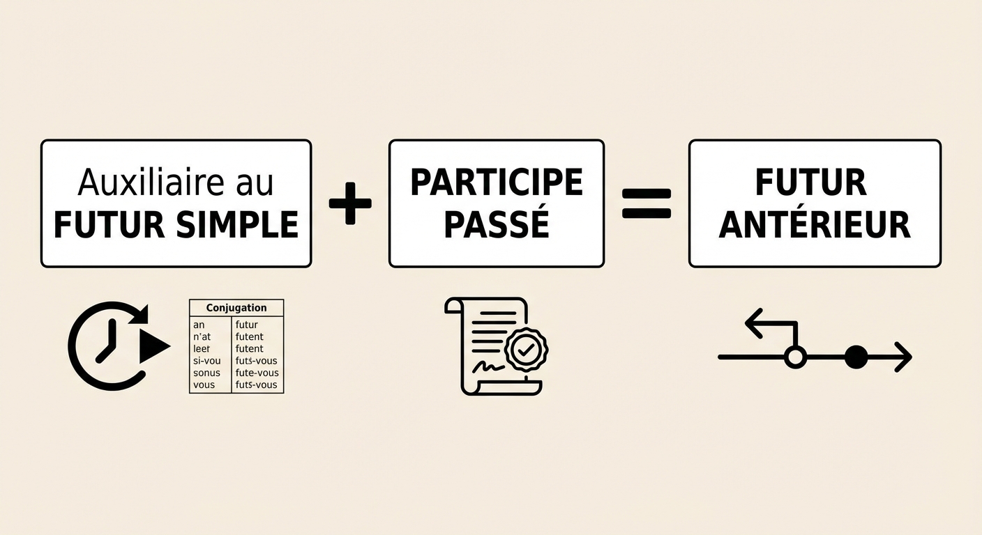 Visuel type équation mathématique : 'Auxiliaire au FUTUR SIMPLE' + 'PARTICIPE PASSÉ' = 'FUTUR ANTÉRIEUR'. Texte noir sur fond clair, avec des icônes simples pour illustrer chaque partie.
