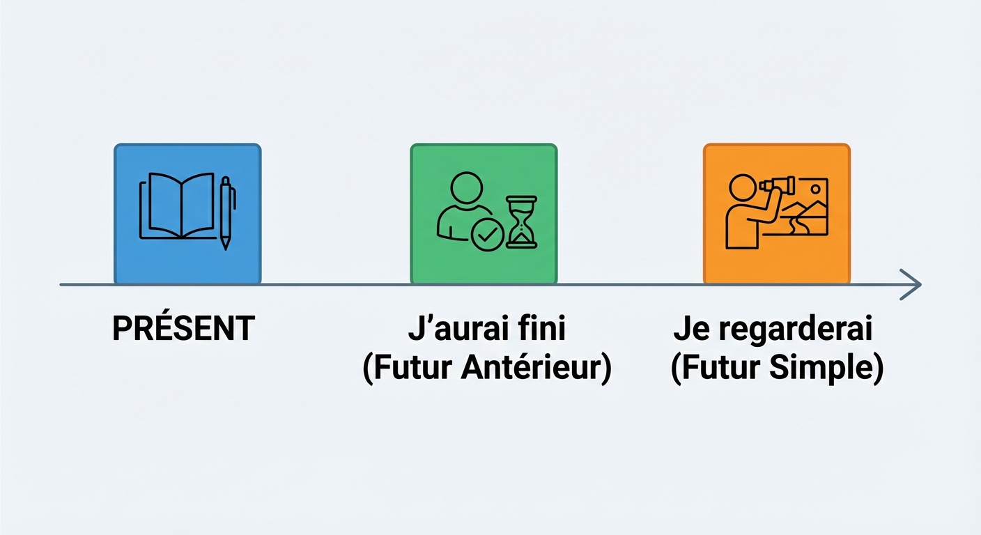 Schéma d'une frise chronologique (flèche vers la droite). De gauche à droite : 'PRÉSENT' -> 'Action 1 : J'aurai fini (Futur Antérieur)' -> 'Action 2 : Je regarderai (Futur Simple)'. Design épuré et coloré pour un élève de collège.