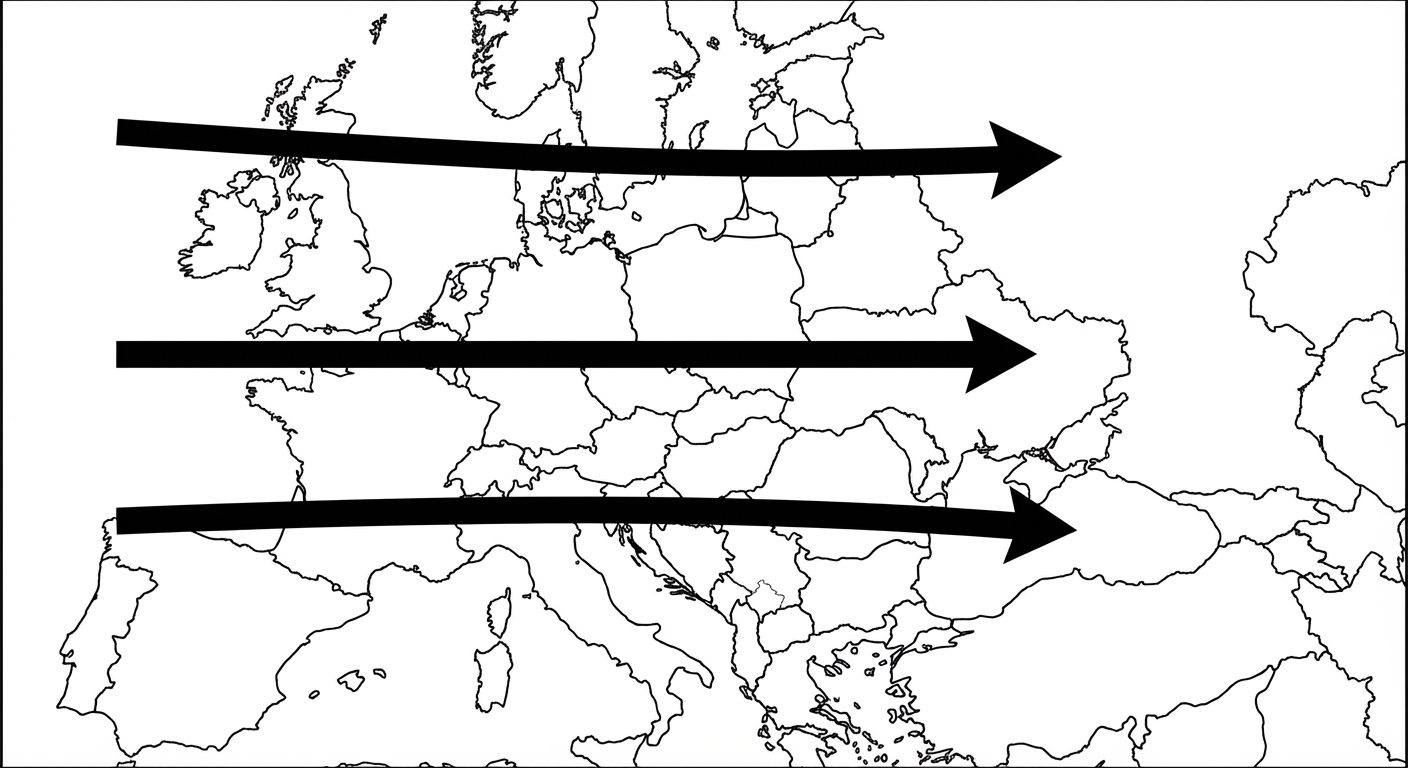Carte géographique simplifiée de l'Europe de l'Est. Trois grandes flèches noires épaisses partent de la gauche de l'image et pointent vers la droite en direction du territoire soviétique. Le fond de la carte est blanc, avec de simples contours noirs pour délimiter les territoires. Aucun texte n'est présent sur la carte.