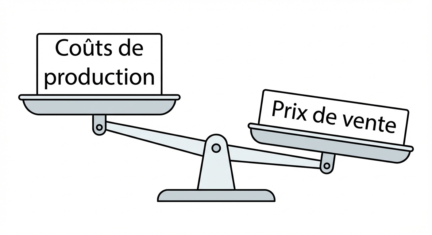 Illustration simple style vectoriel sur fond blanc. Une balance à deux plateaux. Sur le plateau de gauche, une étiquette marquée 'Coûts de production'. Sur le plateau de droite, une étiquette marquée 'Prix de vente'. Le plateau 'Prix de vente' est plus lourd et descend plus bas, illustrant la production marchande.
