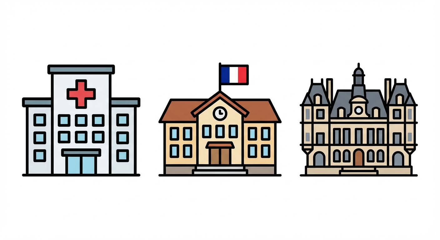 Illustration style icône sur fond blanc. Trois bâtiments distincts alignés horizontalement. À gauche, un hôpital avec une croix rouge. Au centre, une école avec un drapeau français au-dessus de l'entrée. À droite, un hôtel de ville (mairie).