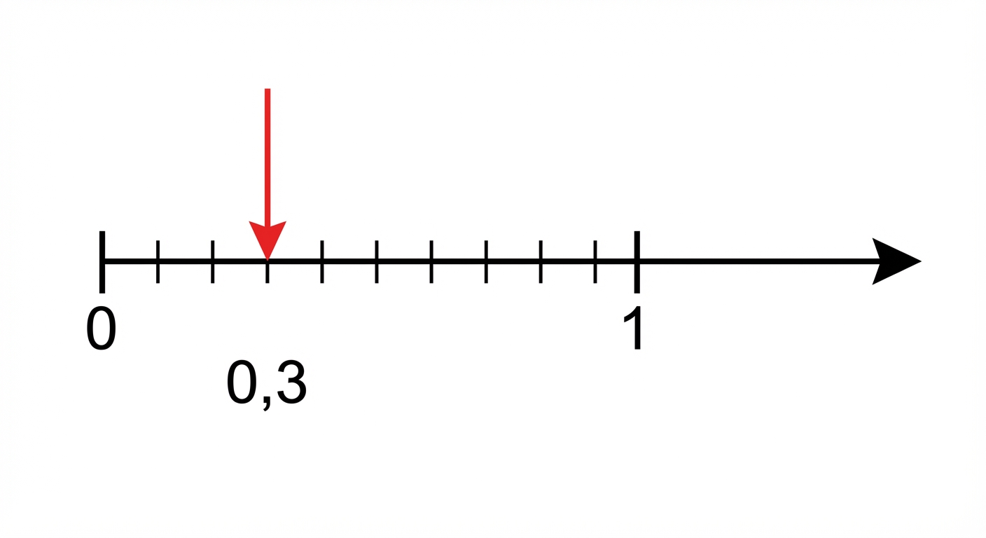 Une demi-droite graduée horizontale. Les entiers 0 et 1 sont marqués par de grands traits. Entre 0 et 1, il y a 9 petits traits régulièrement espacés représentant 0,1 ; 0,2 ; etc. Une flèche rouge pointe sur la 3ème petite graduation indiquée '0,3'.