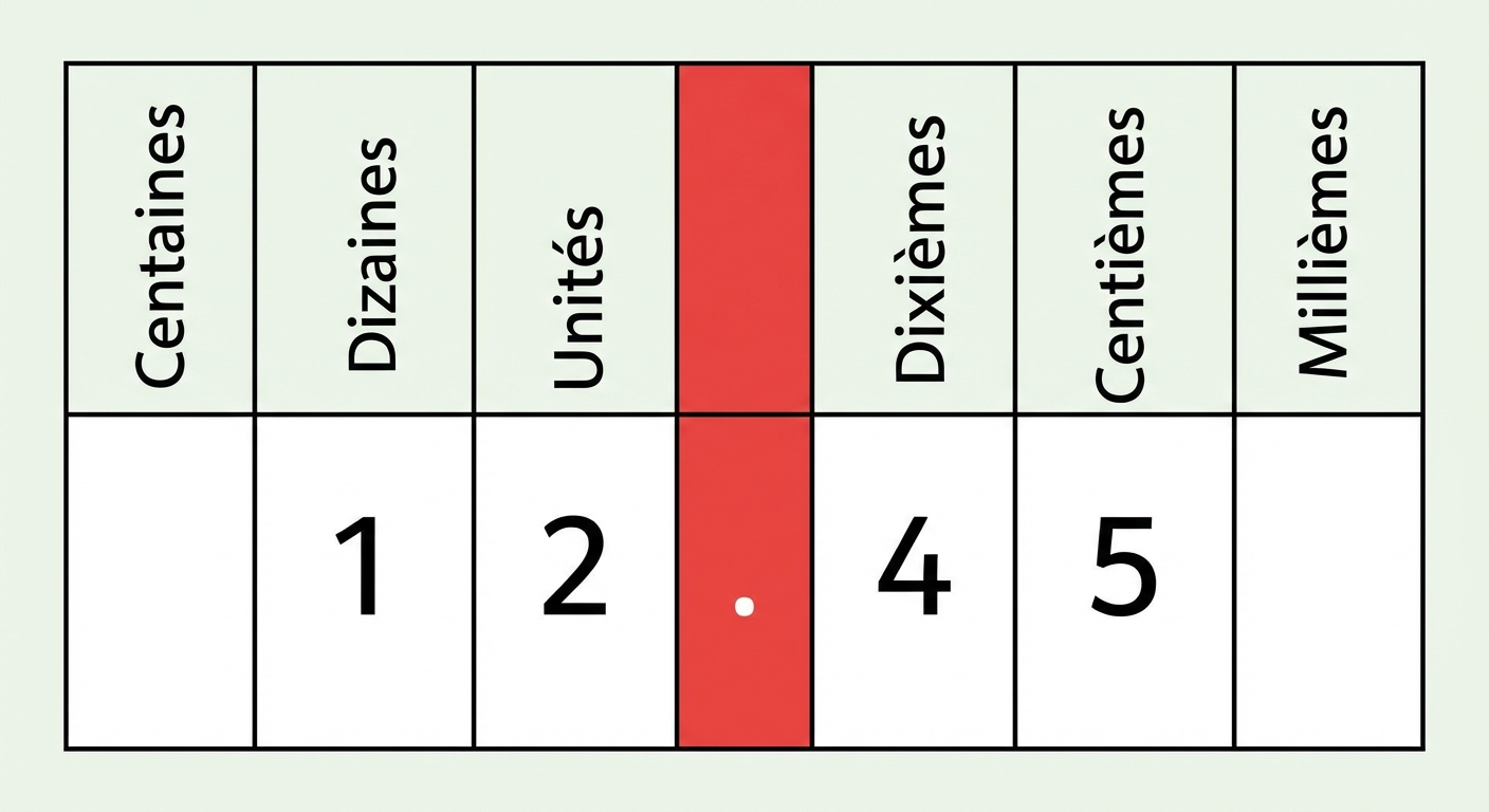 Tableau de numération avec colonnes : Centaines, Dizaines, Unités, une colonne rouge pour la virgule, Dixièmes, Centièmes, Millièmes. Le nombre 12,45 est inscrit : 1 (Dizaines), 2 (Unités), 4 (Dixièmes), 5 (Centièmes). La case Millièmes est vide.