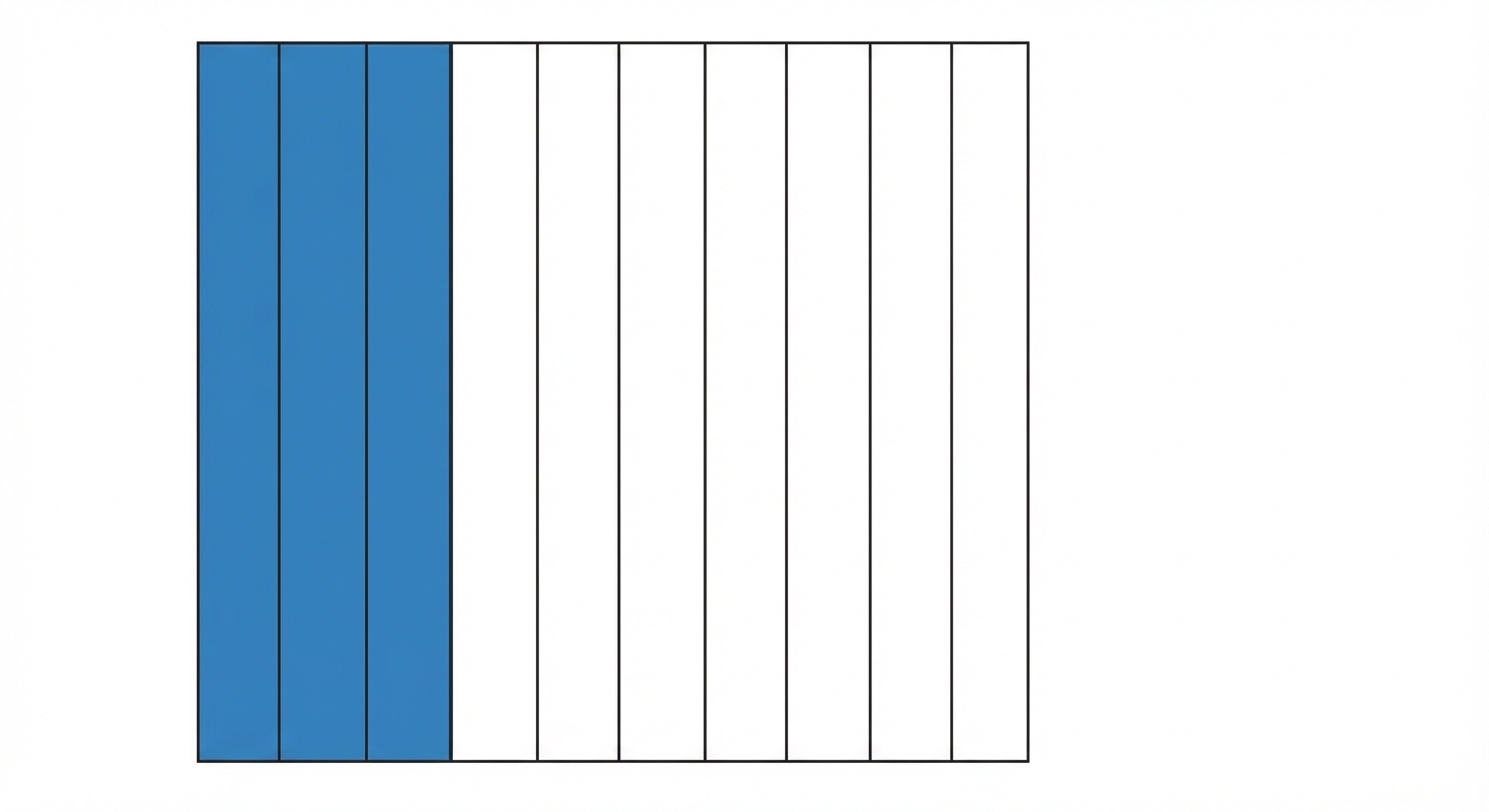 Dessin schématique d'un grand carré représentant une unité, divisé verticalement en 10 bandes rectangulaires identiques. Les 3 premières bandes de gauche sont colorées en bleu, les 7 autres sont blanches. Fond blanc simple.