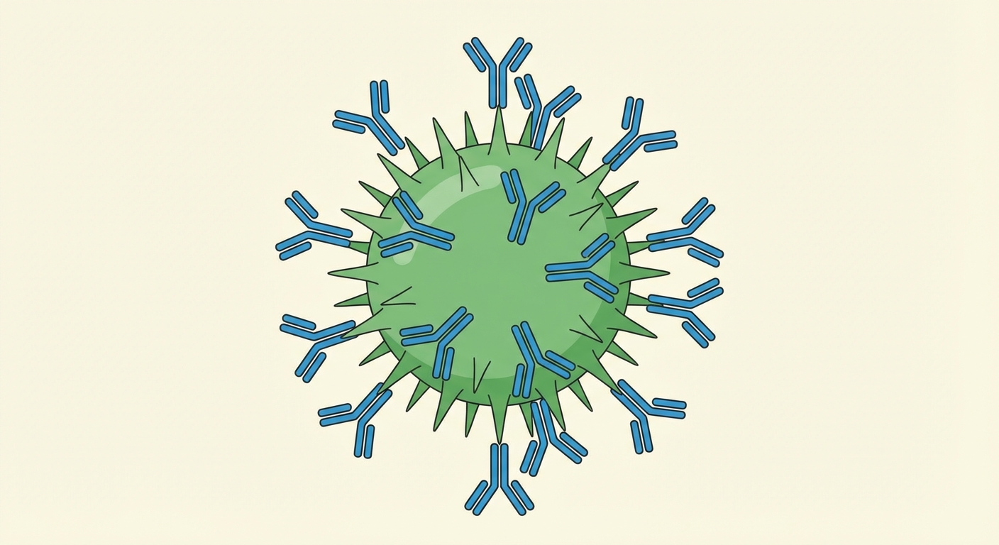 Schéma de neutralisation. Au centre, une bactérie ou un virus. Il est entouré par plusieurs anticorps bleus en forme de Y fixés sur sa surface. L'intrus est hérissé d'anticorps et ne peut plus bouger.