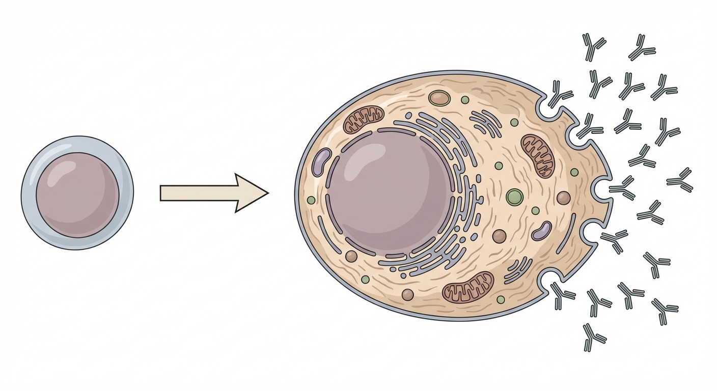Dessin comparatif sur fond blanc. À gauche, un petit lymphocyte B. Une flèche mène vers la droite à un Plasmocyte : une cellule beaucoup plus volumineuse, avec un cytoplasme développé riche en organites, éjectant une multitude de petites formes en Y (anticorps).