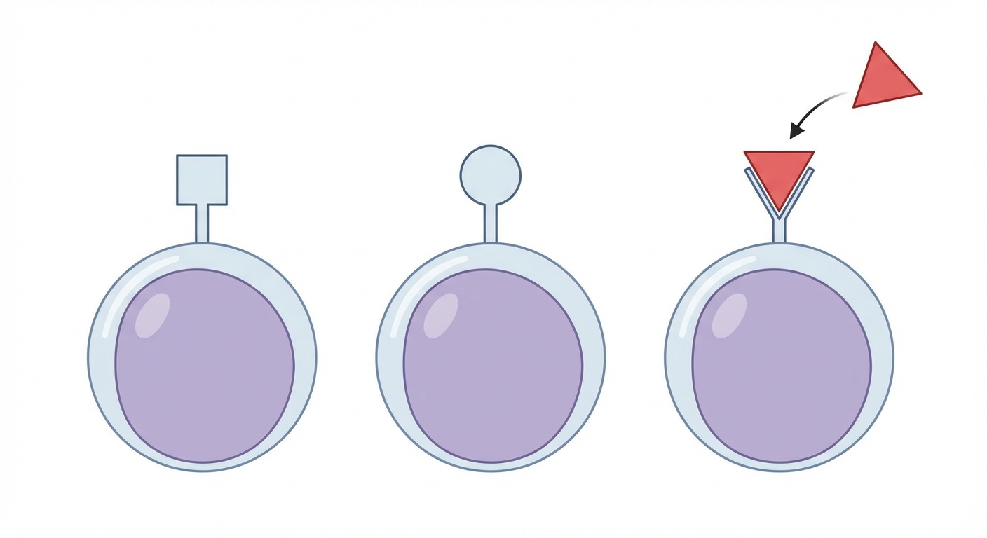 Schéma simplifié sur fond blanc. Trois lymphocytes B sont alignés avec des récepteurs de formes différentes (carré, rond, triangle). Un antigène rouge en forme de triangle arrive et se fixe uniquement sur le récepteur du troisième lymphocyte (le triangle).