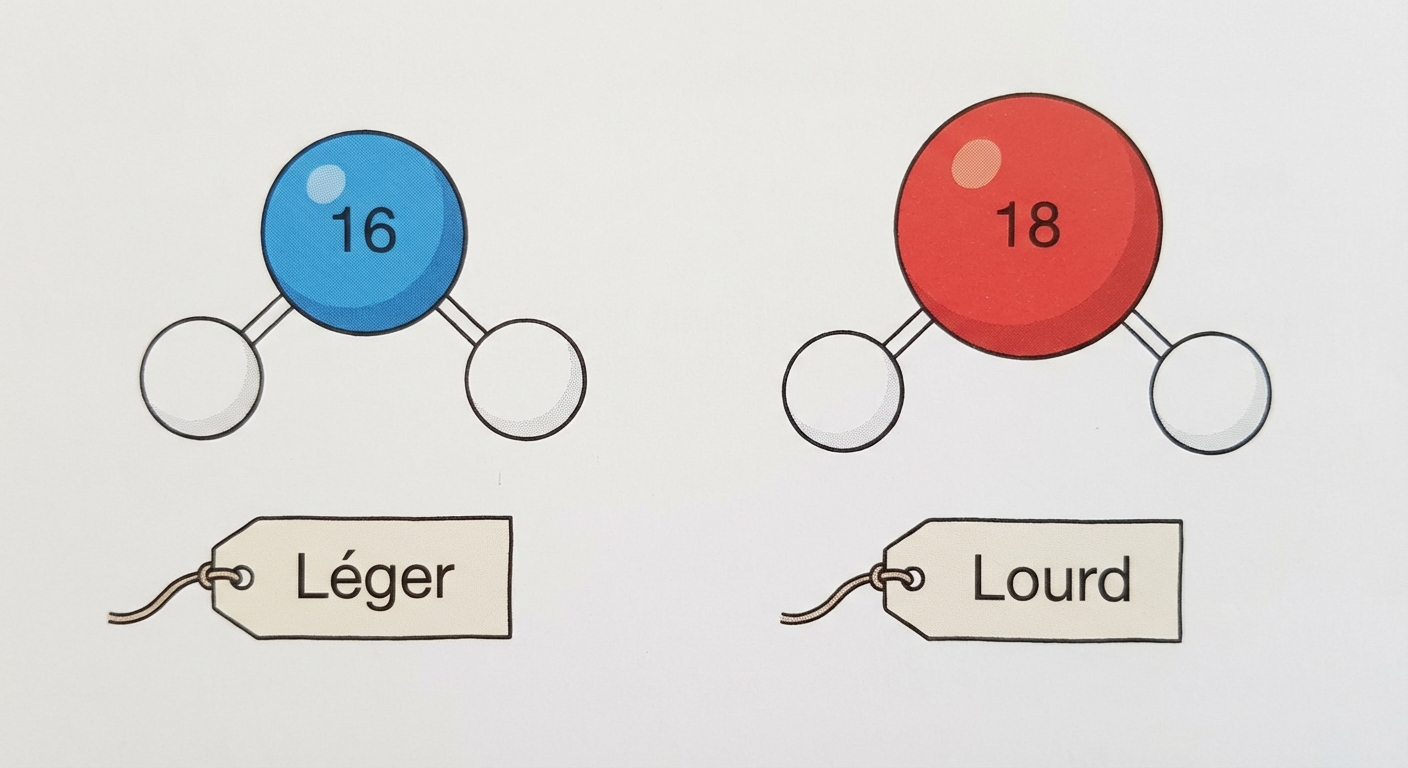 Schéma simple sur fond blanc. À gauche, une sphère bleue marquée '16' attachée à deux petites sphères blanches (hydrogènes) avec une étiquette 'Léger'. À droite, une sphère rouge plus grosse marquée '18' attachée à deux petites sphères blanches avec une étiquette 'Lourd'.