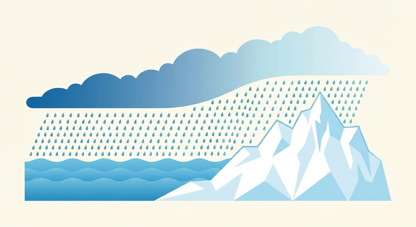 Dessin vectoriel simple de profil. Un océan à gauche, une montagne de glace à droite. Un nuage se déplace de la gauche vers la droite. Des gouttes de pluie tombent du nuage tout au long du trajet. La couleur du nuage passe du bleu foncé au bleu très clair pour symboliser l'appauvrissement.