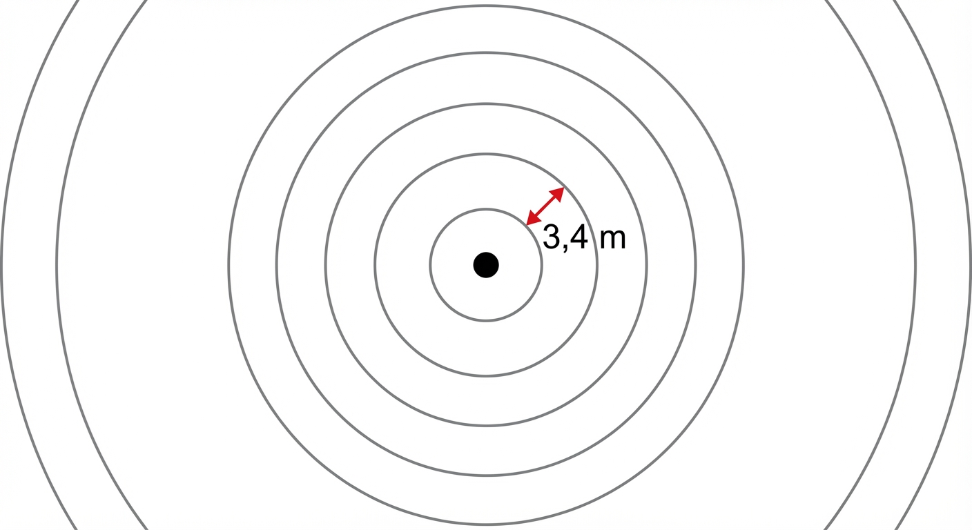 Dessin vectoriel simple vue de dessus sur fond blanc. Un point noir au centre représente la source. Des cercles concentriques gris émanent de la source. Une flèche rouge relie un cercle au suivant, avec l'annotation 3,4 m.