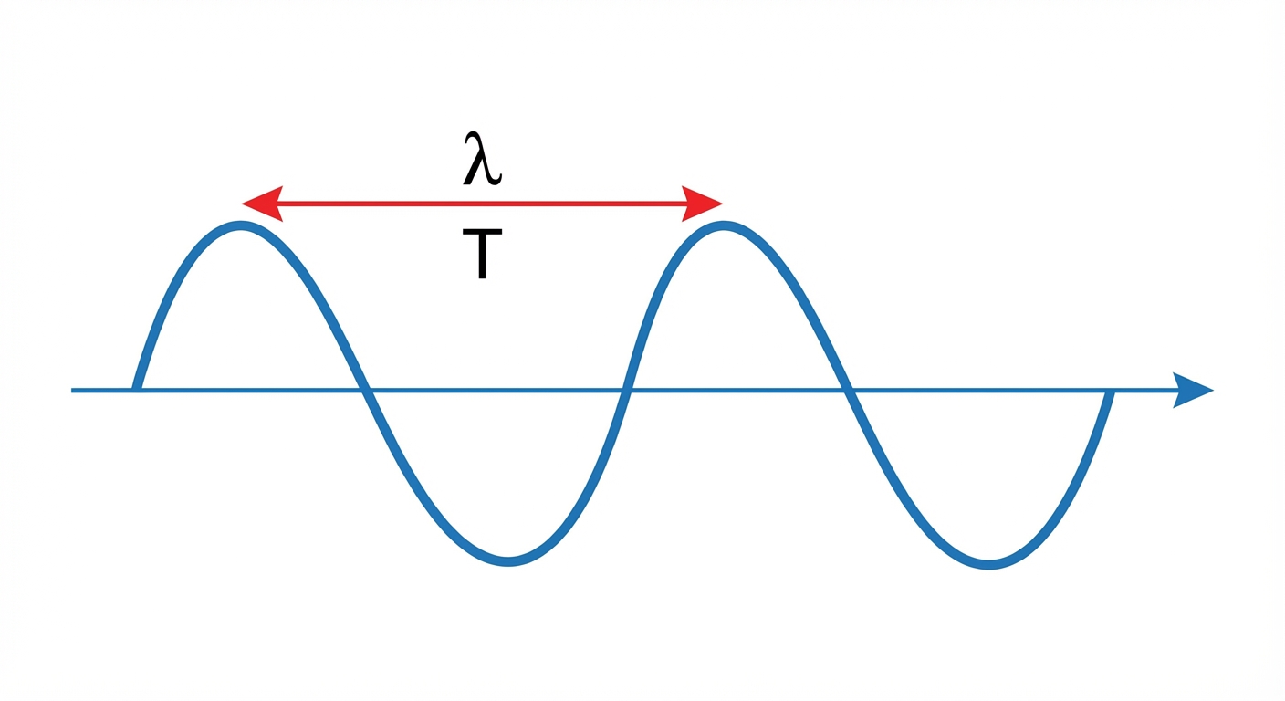 Schéma simple en 2D sur fond blanc. Une onde sinusoïdale bleue se propage vers la droite le long d'un axe horizontal. Une double flèche rouge horizontale indique la distance entre deux sommets consécutifs, annotée avec le symbole grec lambda. Une annotation indique que cette distance correspond à la durée T.