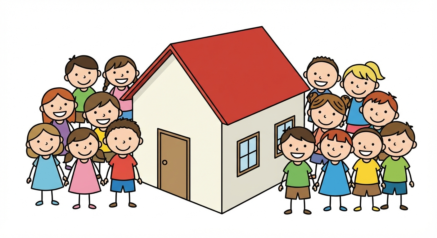 Dessin simple montrant une école de village avec un toit rouge au centre. Autour de l'école, une grande foule de 15 enfants joyeux dessinés de façon très simple qui attendent pour entrer, montrant que le bâtiment est devenu trop petit pour eux. Fond blanc, style épuré.