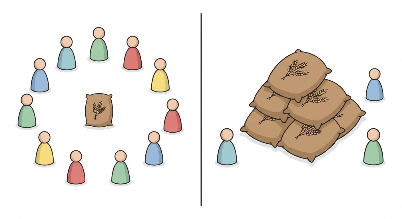 Dessin symbolique divisé en deux parties égales par un trait vertical noir. À gauche, 10 petits personnages simples entourant un seul petit sac de blé. À droite, 3 petits personnages entourant 5 gros sacs de blé. Couleurs douces, fond blanc, aucun autre élément.