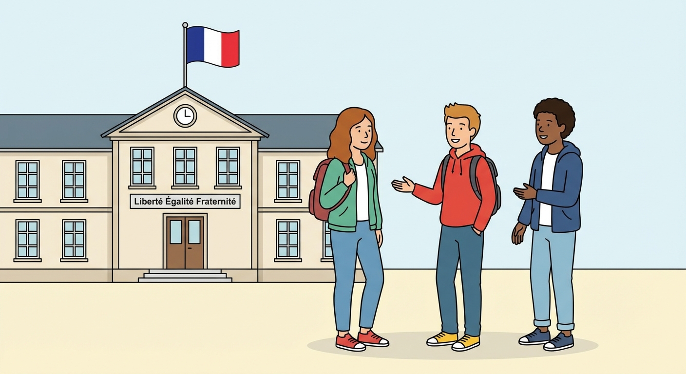 Dessin simple et coloré d'une cour d'école. Au centre, trois adolescents discutent de manière apaisée. En arrière-plan, on voit la façade d'un bâtiment scolaire classique avec l'inscription Liberté Égalité Fraternité au-dessus de la porte d'entrée principale. Un drapeau français flotte sur le toit. Aucun signe religieux n'est visible sur les personnages.