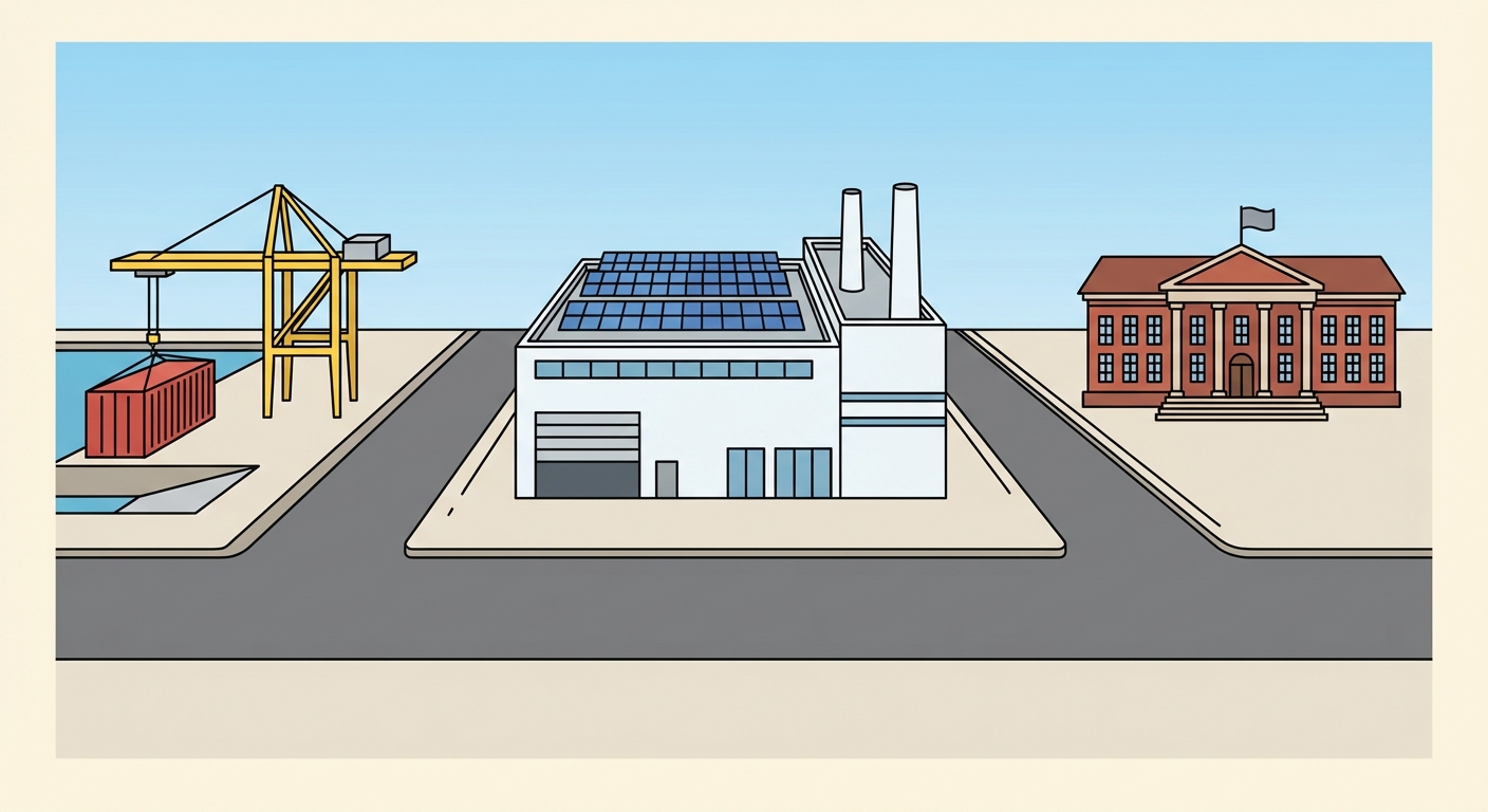 Un paysage urbain stylisé. Au centre, une grande usine moderne blanche avec des panneaux solaires bleus sur le toit plat. À gauche, un morceau de port avec un conteneur rouge et une grue jaune. À droite, un bâtiment classique en briques rouges avec un drapeau sur le toit représentant une université. Une large route goudronnée grise relie tous ces bâtiments. Ciel bleu clair sans nuage.