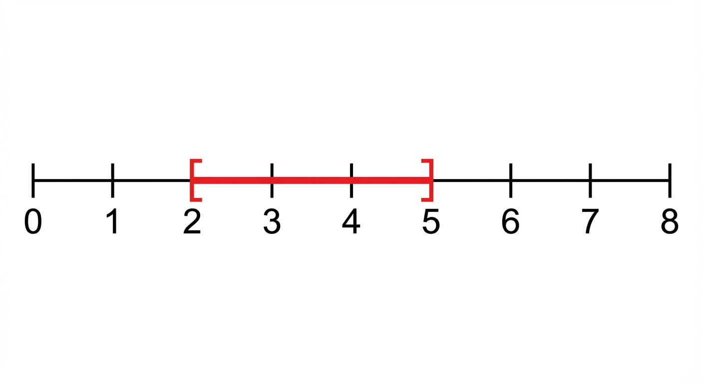 Schéma simple d'une droite graduée horizontale noire. Les graduations vont de 0 à 8. Un segment épais rouge est tracé sur la droite, commençant exactement à la graduation 2 et finissant à la graduation 5. Des crochets rouges aux bornes 2 et 5 sont tournés vers l'intérieur du segment rouge.